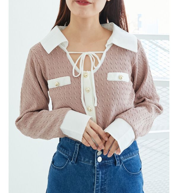  「デコルテオープンバイカラー襟ニット」|ニット・セーター|ピンクベージュ