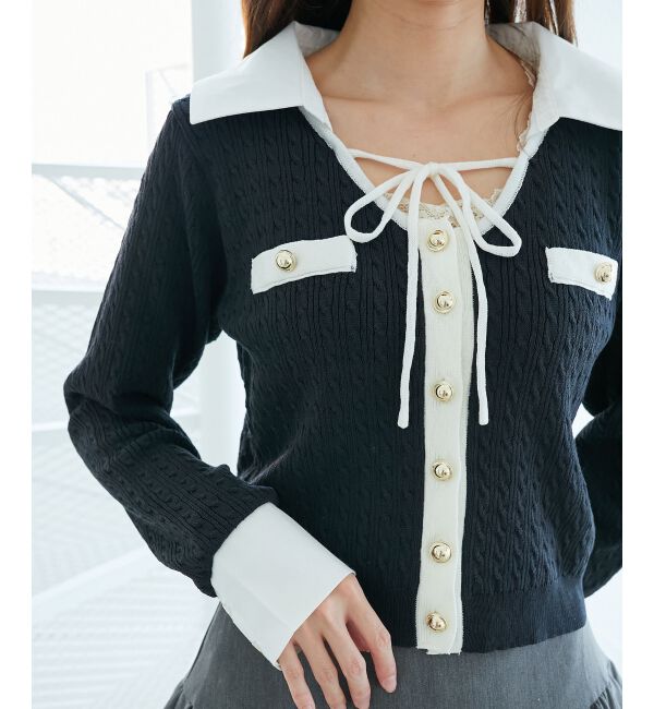  「デコルテオープンバイカラー襟ニット」|ニット・セーター|ブラック