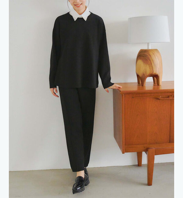 titivate「センターピンタックスリムニットパンツ」|スラックス|ブラック