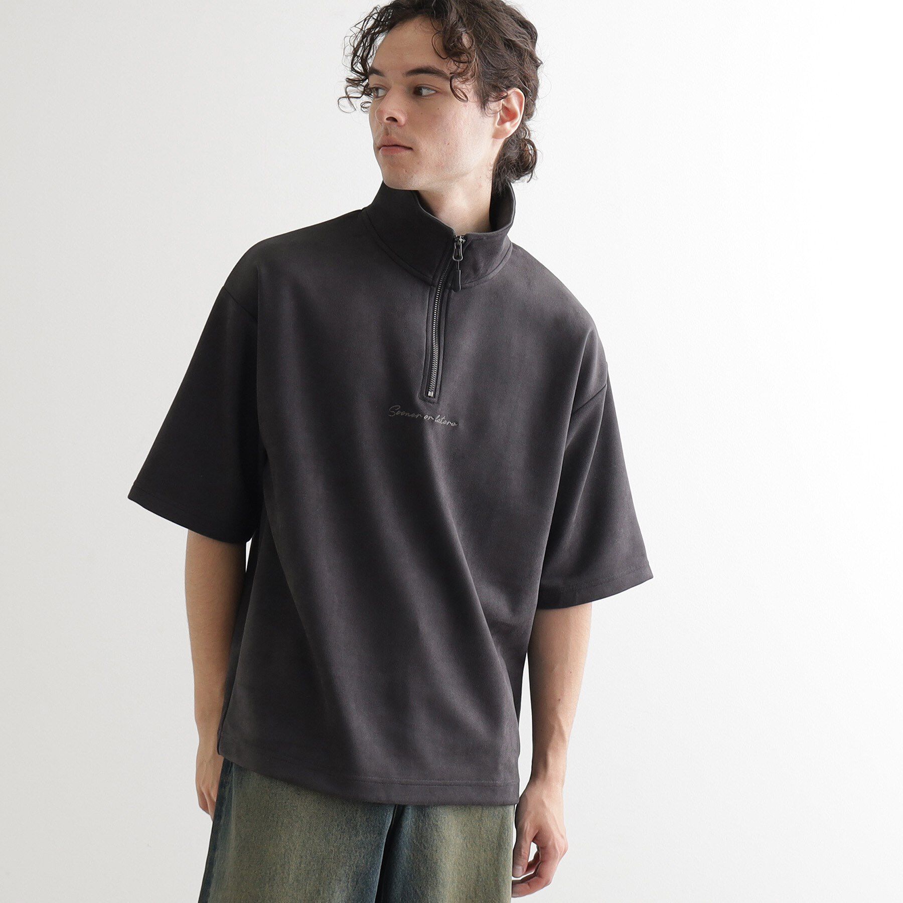 tk.TAKEO KIKUCHI「ポンチスエードハーフジップカットソー」|Tシャツ・カットソー|ブラック(019)