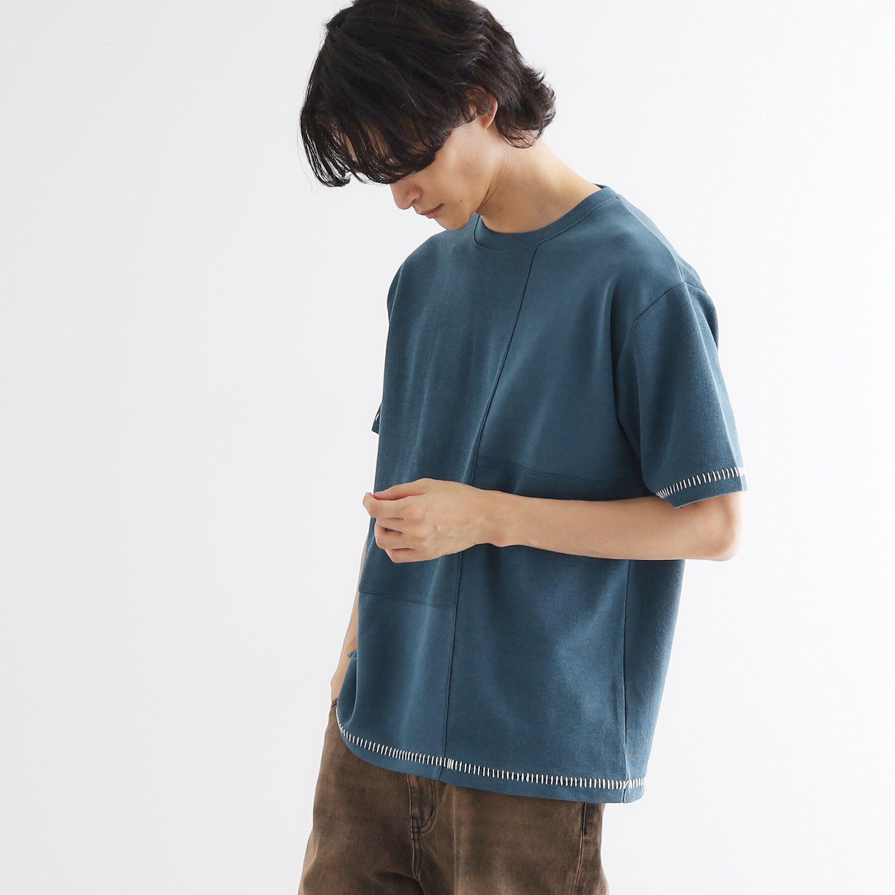 tk.TAKEO KIKUCHI「ブラインドステッチ切替カットソー」|Tシャツ・カットソー|ブルー(092)