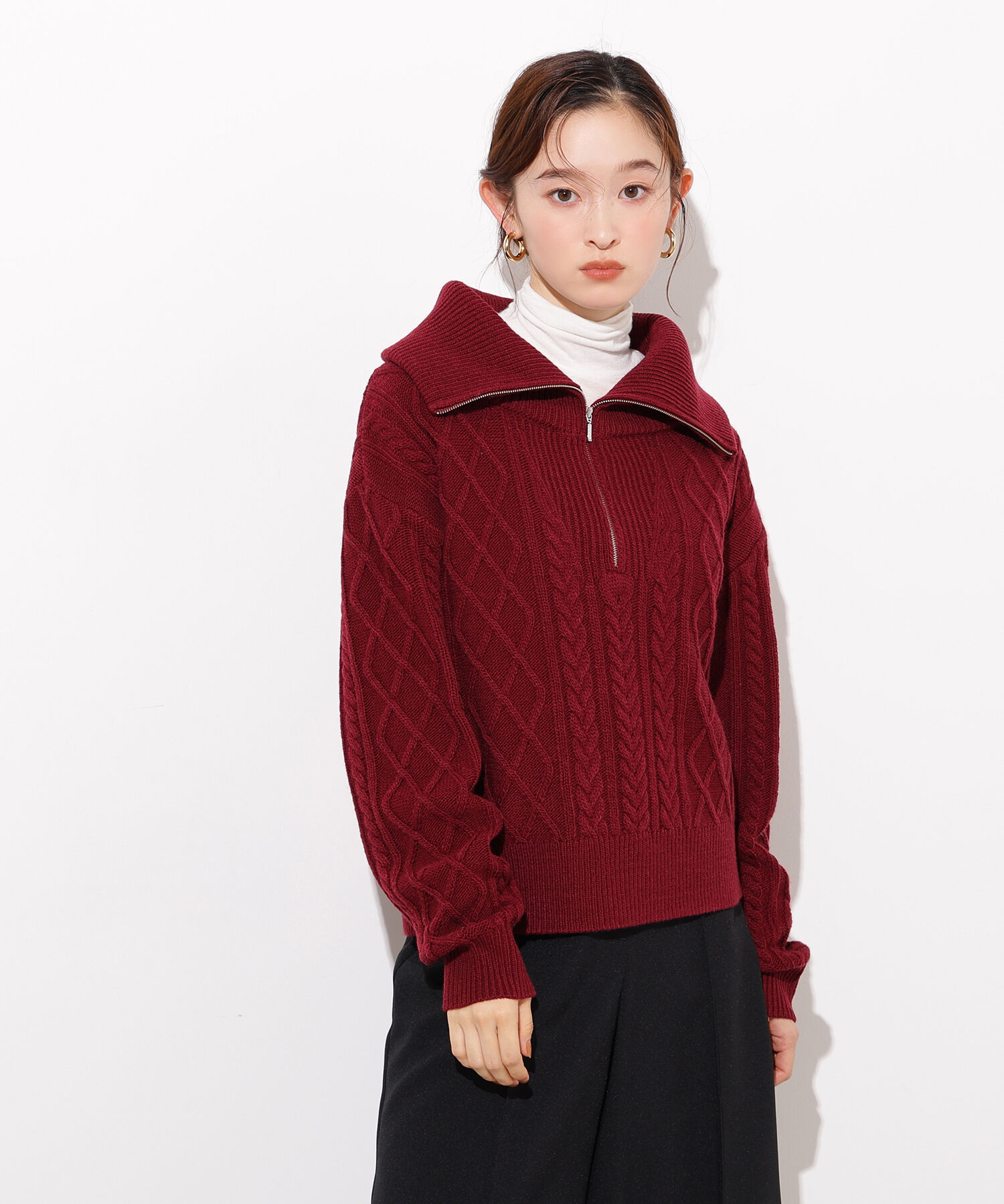  「ハーフジップケーブルニット」|ニット・セーター|ワインレッド1