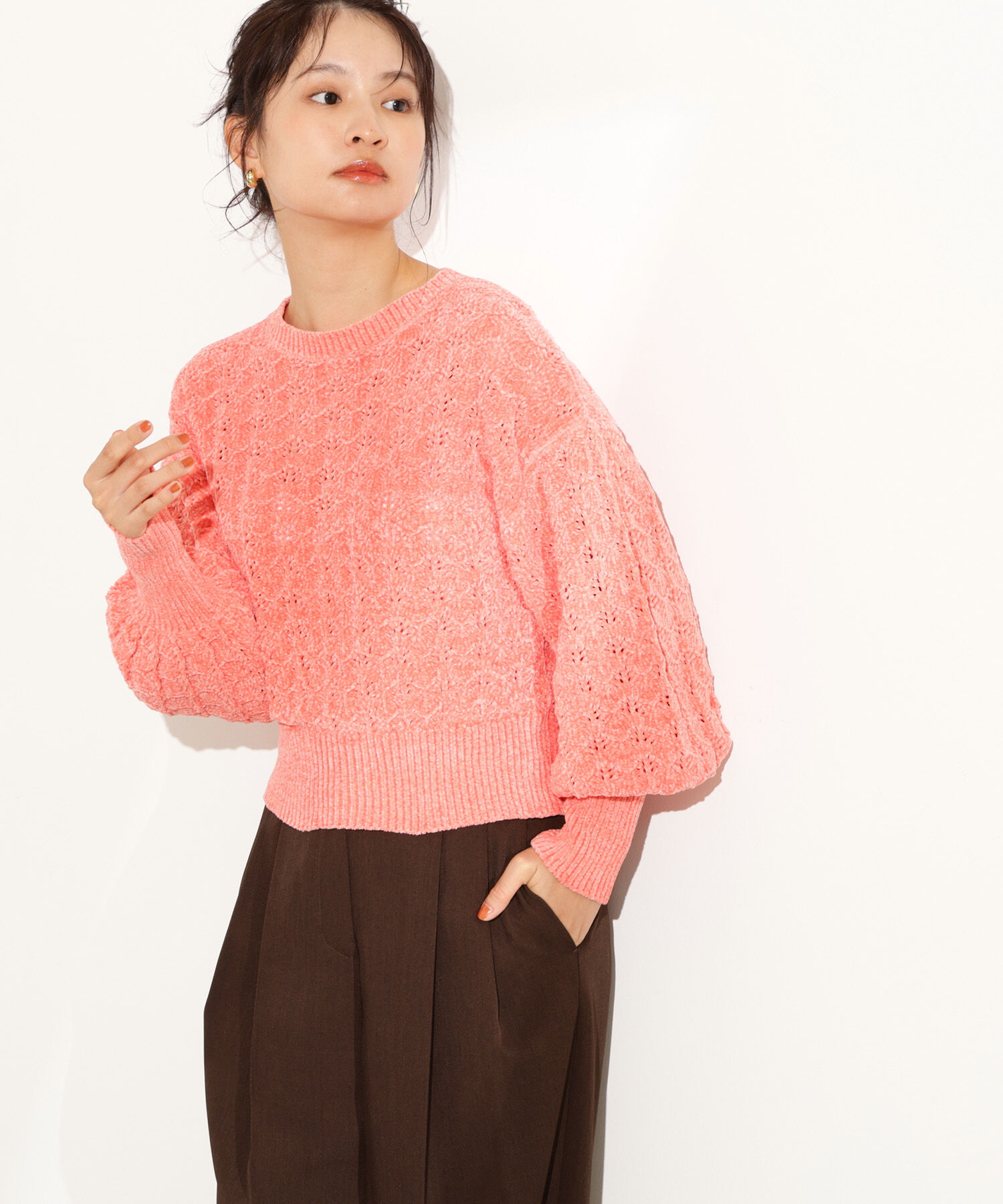  「モールアイレットニット」|ニット・セーター|サーモンピン 1