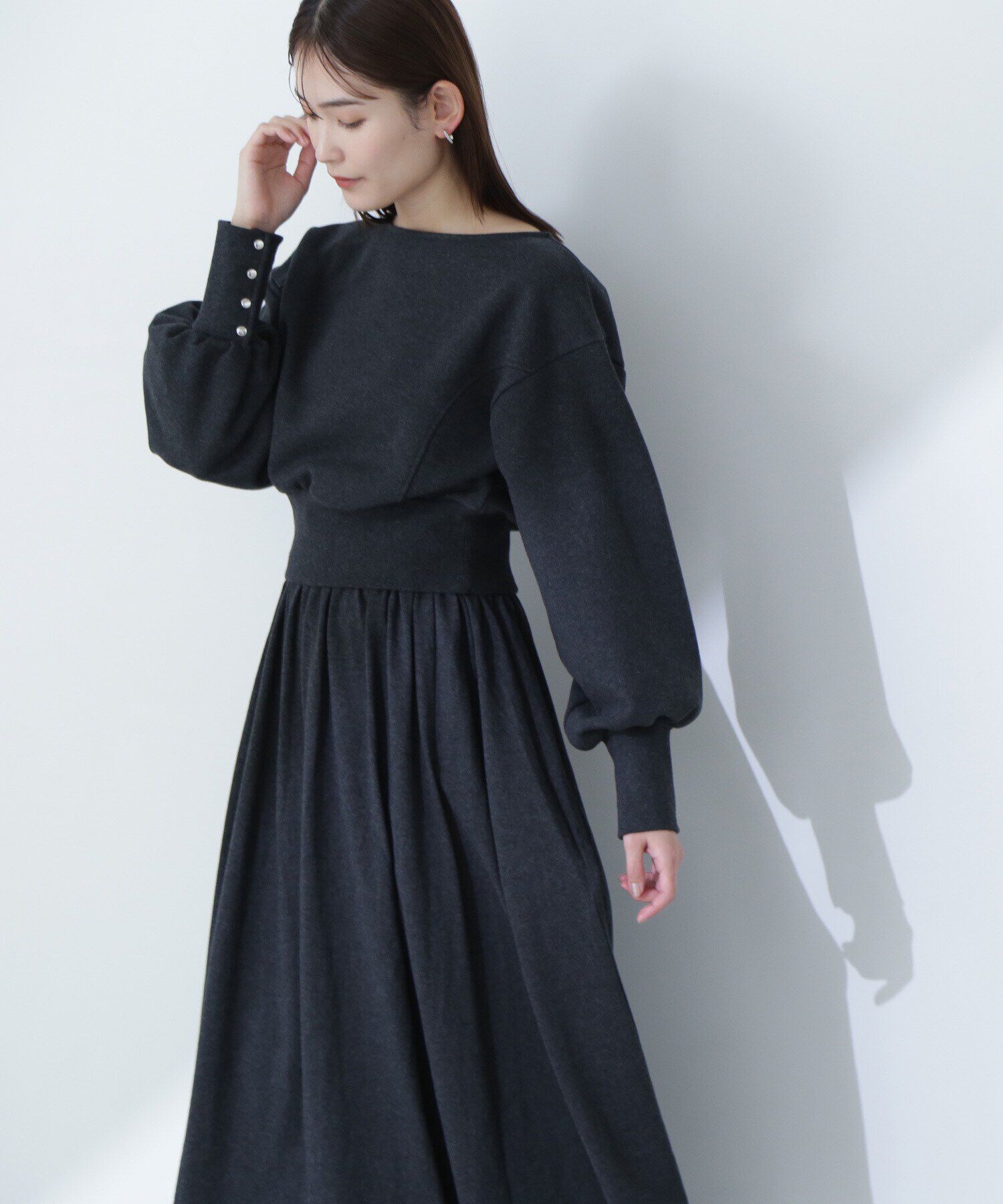  「裏毛トップス＆フレアスカート」|ワンピース|杢チャコール1
