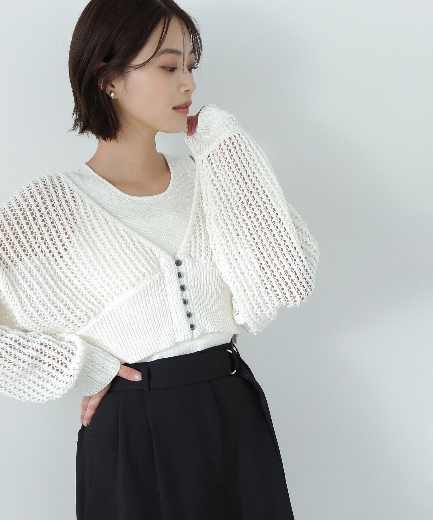  「アメスリレイヤードメッシュカーディガン」|ニット・セーター|オフ1