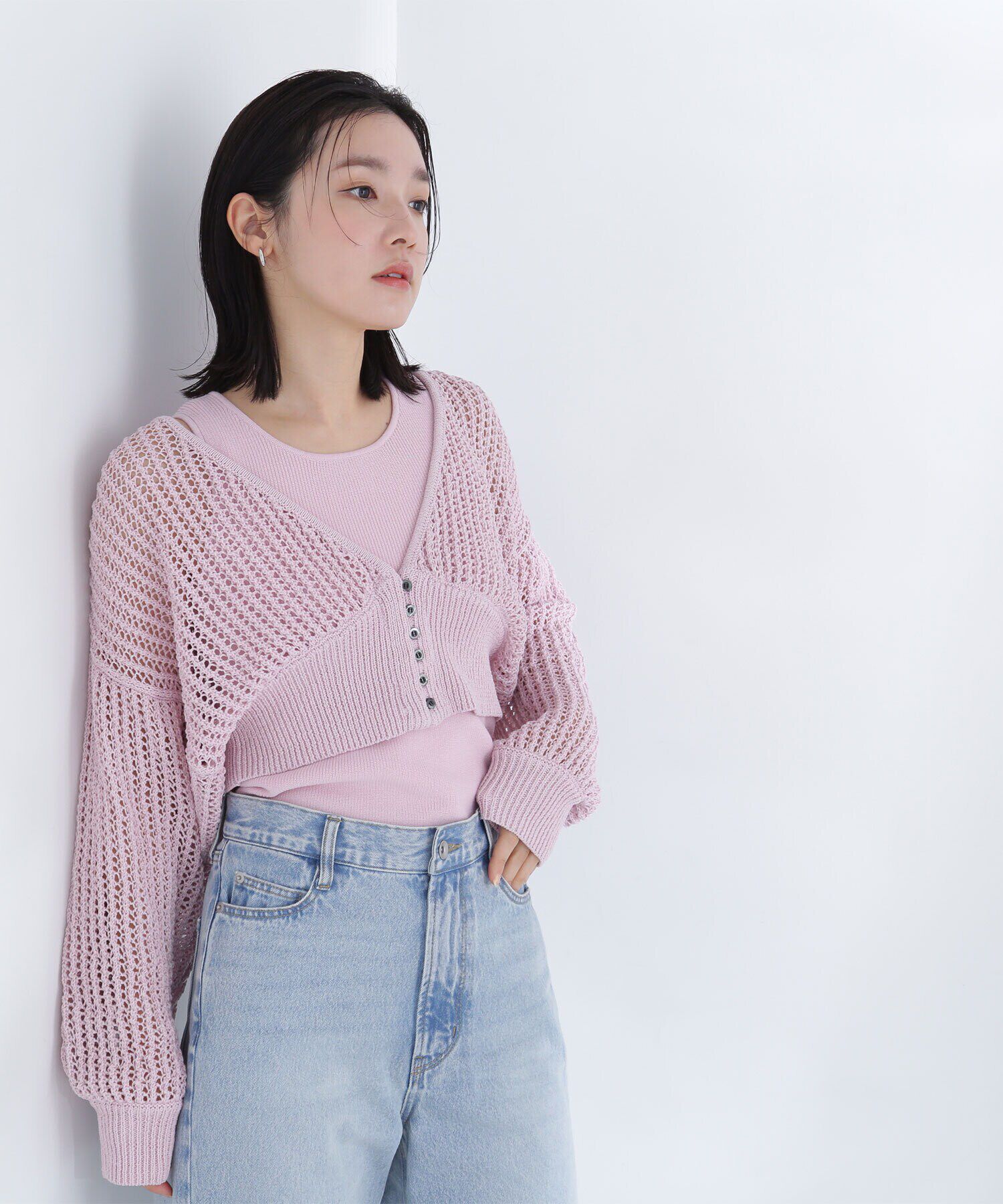  「アメスリレイヤードメッシュカーディガン」|ニット・セーター|ピンク