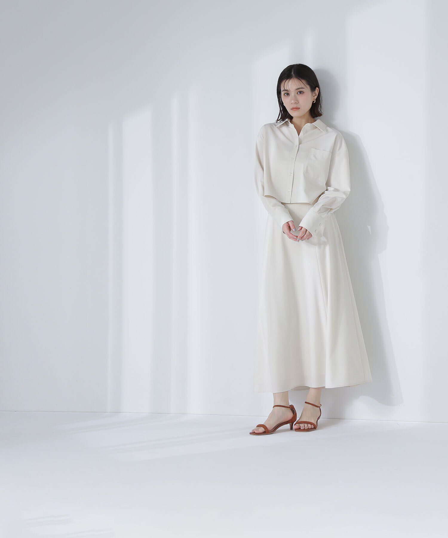 「クロップドシャツ＆フレアスカート」|ワンピース|アイボリー1