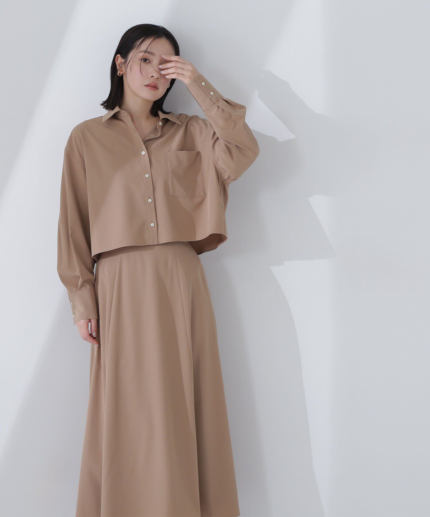  「クロップドシャツ＆フレアスカート」|ワンピース|ライトブラウ