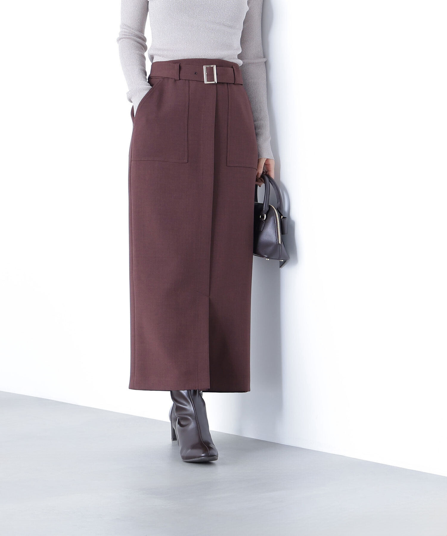  「ベルテッドアウトポケットナロースカート」|スカート|バーガンディ 1