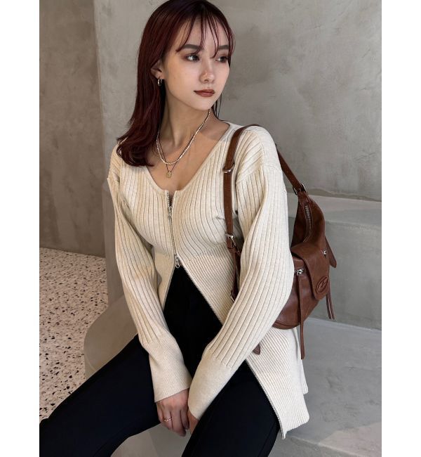 EMODA「フロントジップロングトップス」|ニット・セーター|ベージュ