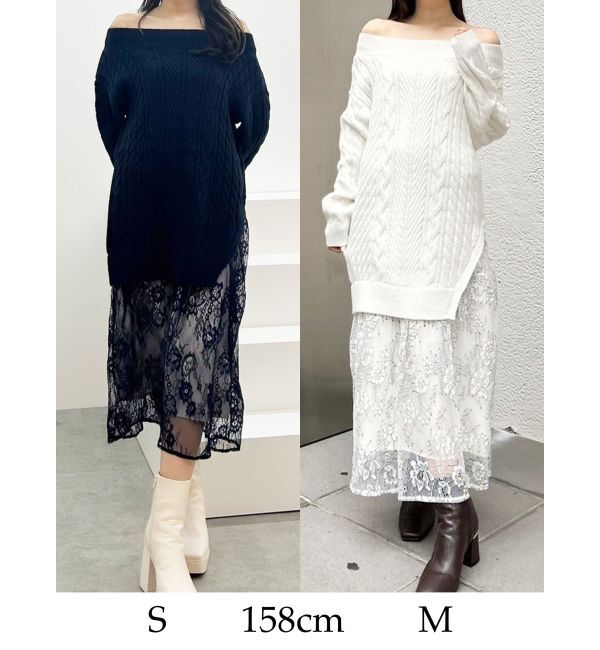 MERCURYDUO「レースドッキングケーブルニットワンピース」|ワンピース|