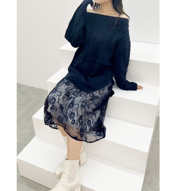 MERCURYDUO「レースドッキングケーブルニットワンピース」|ワンピース|