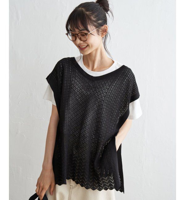 Lbc with Life「透かし編み裾スカラップベスト」|ニット・セーター|ブラック