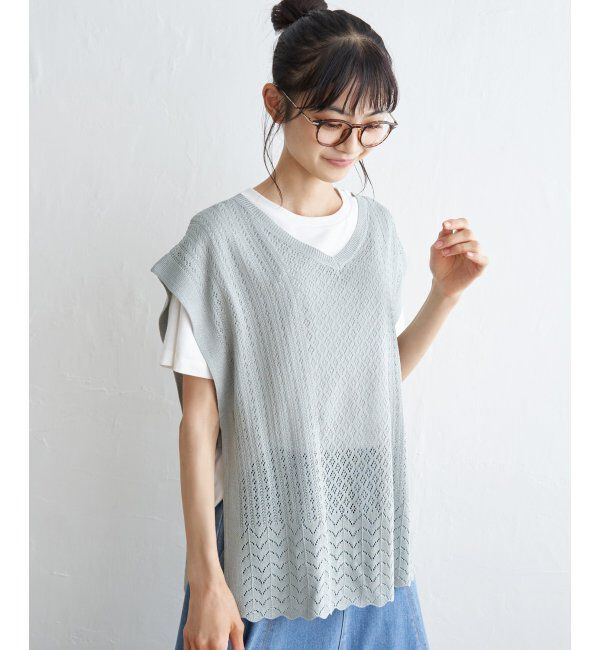 Lbc with Life「透かし編み裾スカラップベスト」|ニット・セーター|ミントグリン
