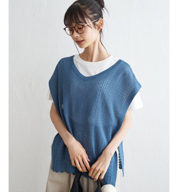 Lbc with Life「透かし編み裾スカラップベスト」|ニット・セーター|ブルー