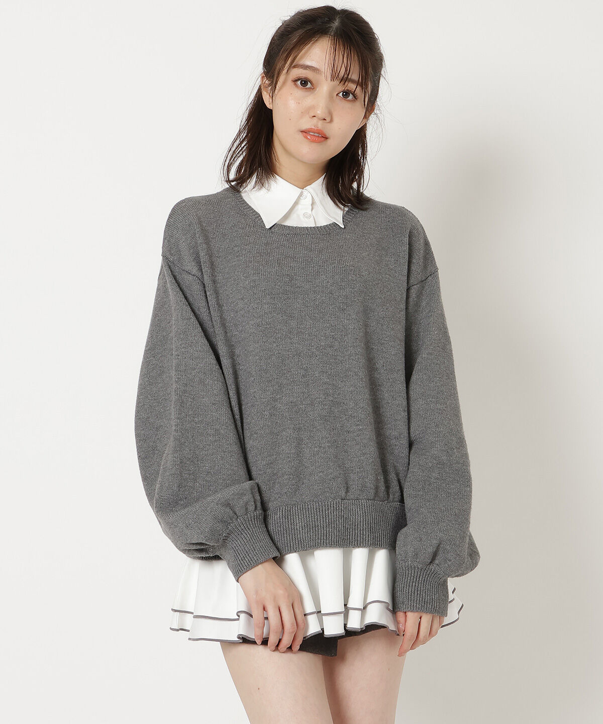 REDYAZEL「フリルドッキングニットトップス」|ニット・セーター|グレー