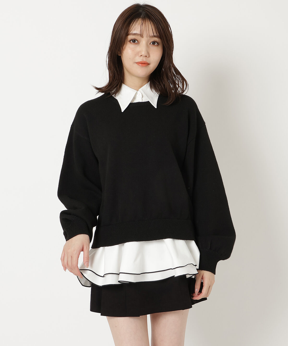 REDYAZEL「フリルドッキングニットトップス」|ニット・セーター|ブラック