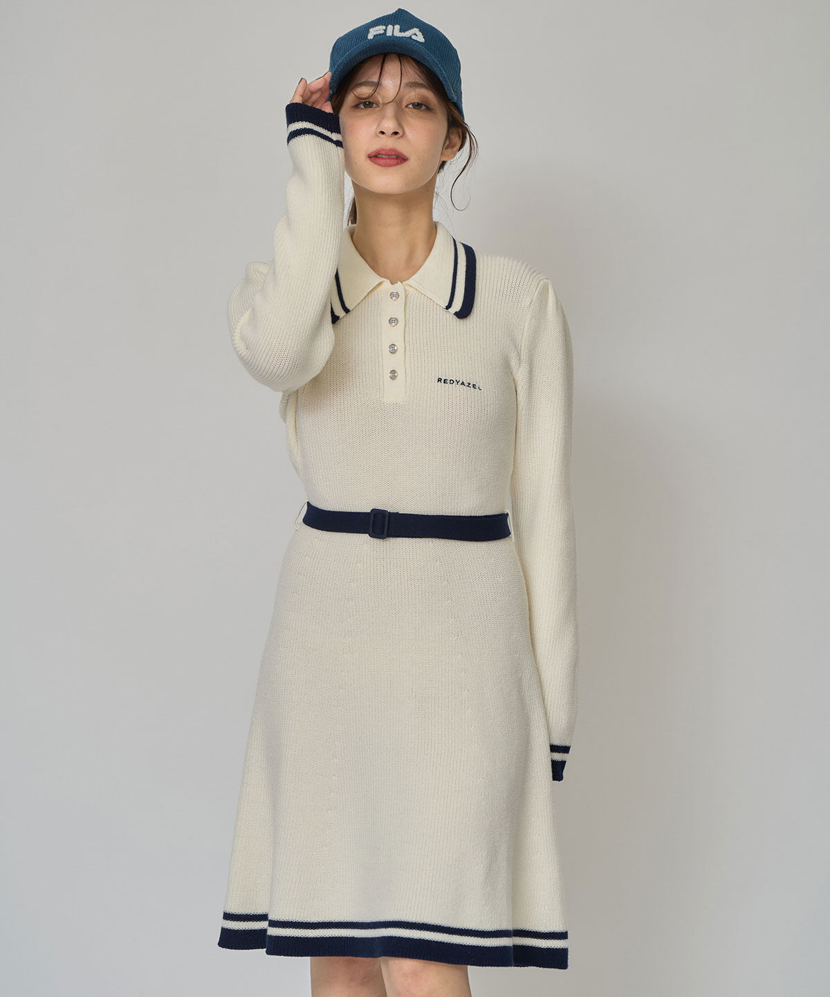 REDYAZEL「バイカラーポロニットロングスリーブミニワンピース」|ワンピース|