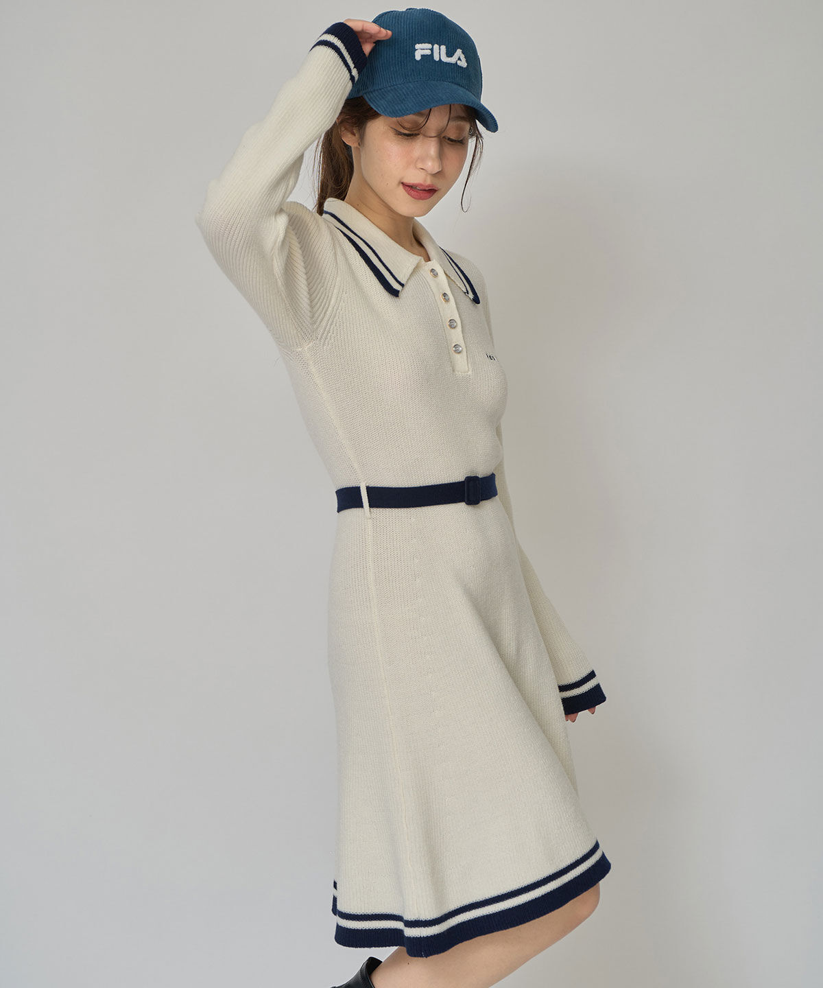 REDYAZEL「バイカラーポロニットロングスリーブミニワンピース」|ワンピース|