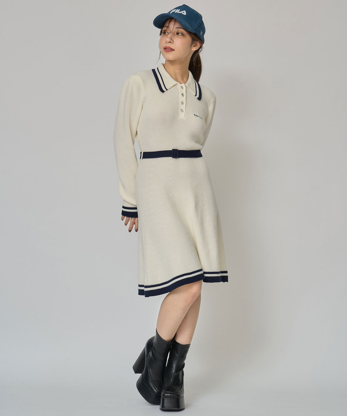REDYAZEL「バイカラーポロニットロングスリーブミニワンピース」|ワンピース|