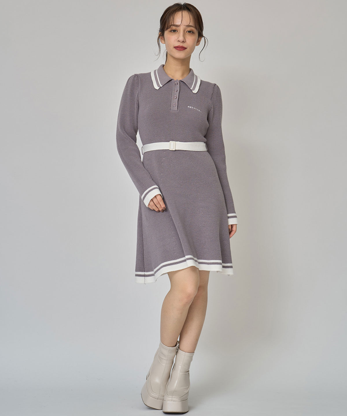 REDYAZEL「バイカラーポロニットロングスリーブミニワンピース」|ワンピース|