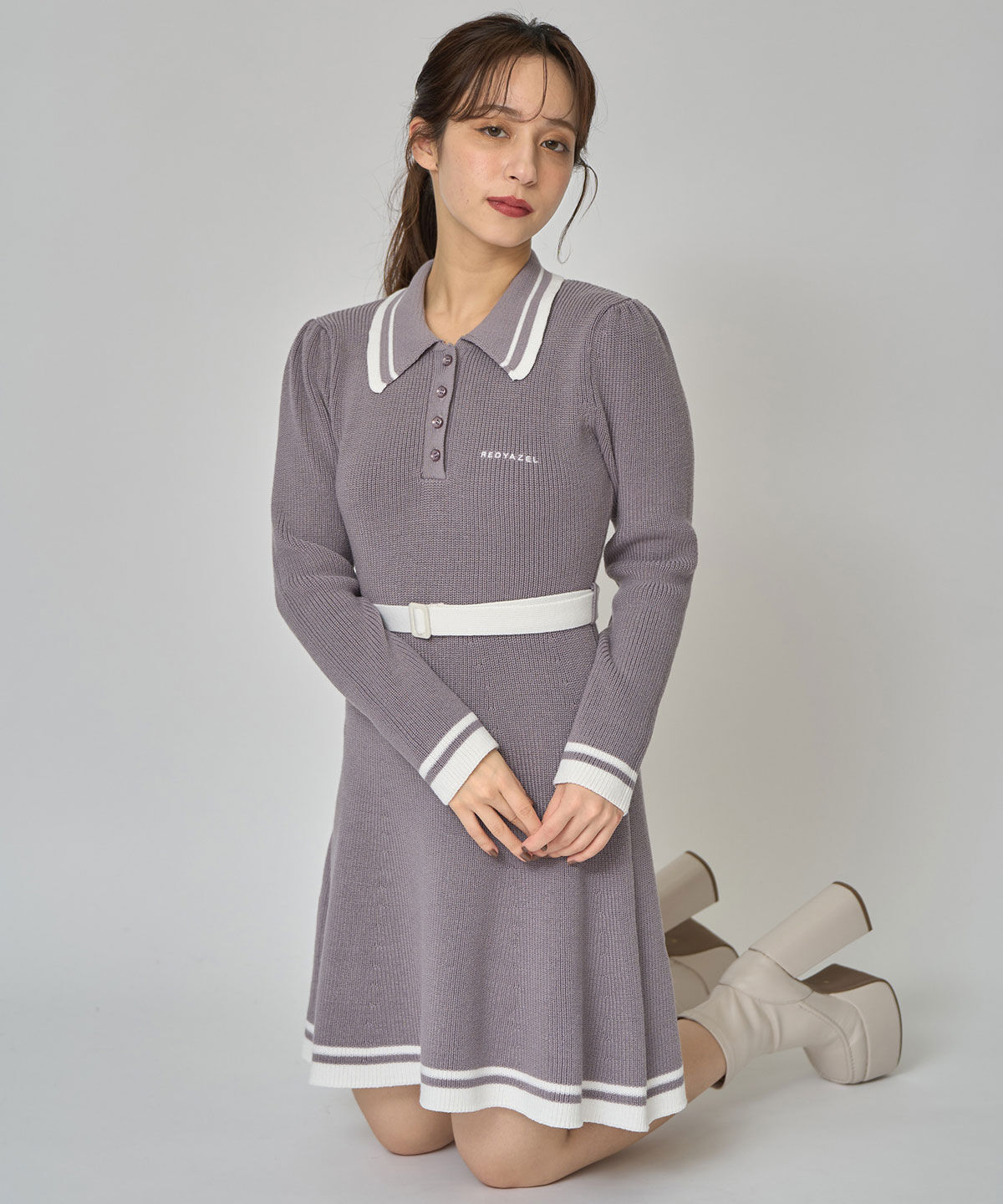 REDYAZEL「バイカラーポロニットロングスリーブミニワンピース」|ワンピース|