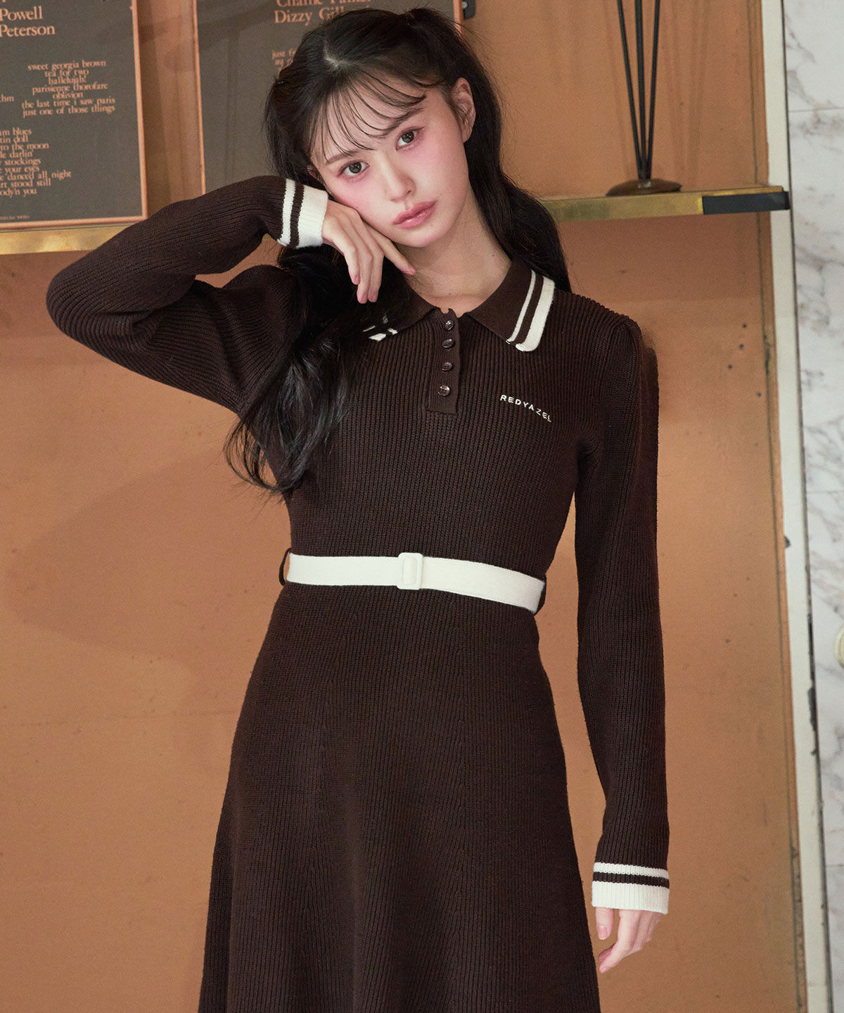 REDYAZEL「バイカラーポロニットロングスリーブミニワンピース」|ワンピース|
