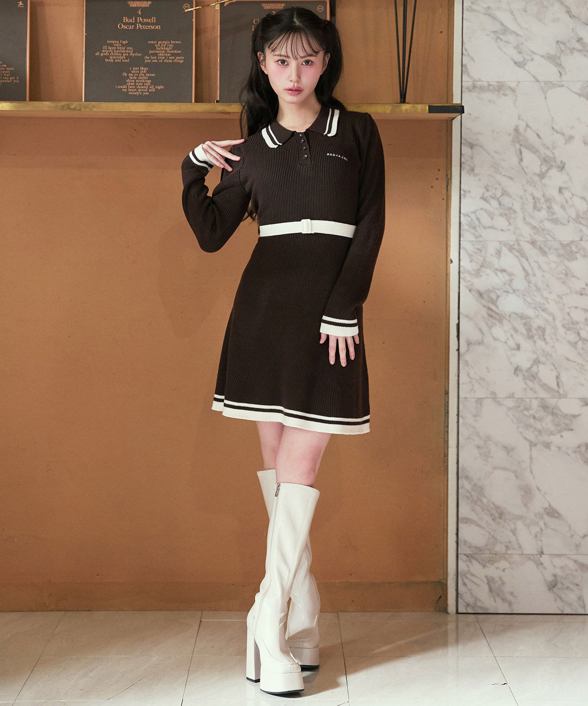 REDYAZEL「バイカラーポロニットロングスリーブミニワンピース」|ワンピース|