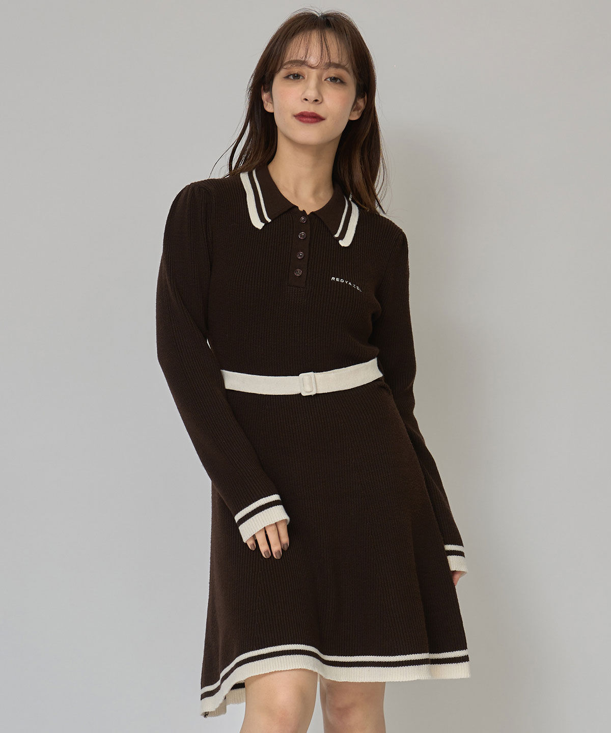 REDYAZEL「バイカラーポロニットロングスリーブミニワンピース」|ワンピース|