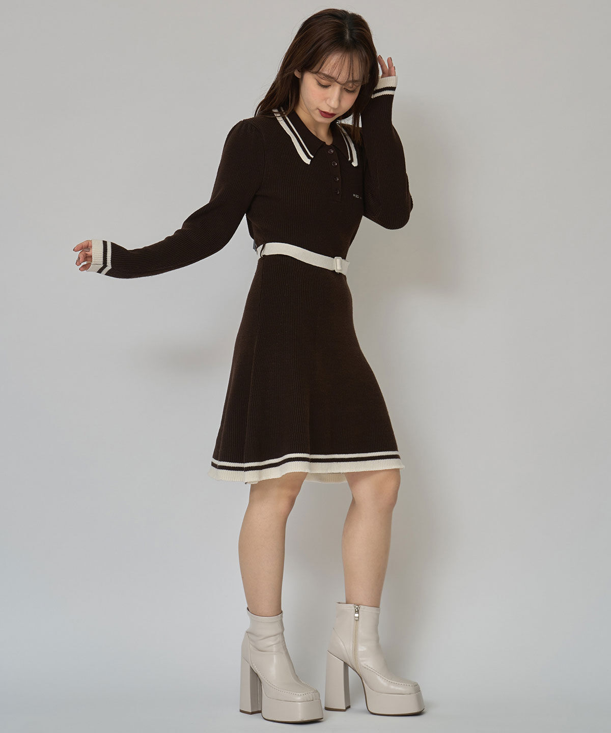 REDYAZEL「バイカラーポロニットロングスリーブミニワンピース」|ワンピース|