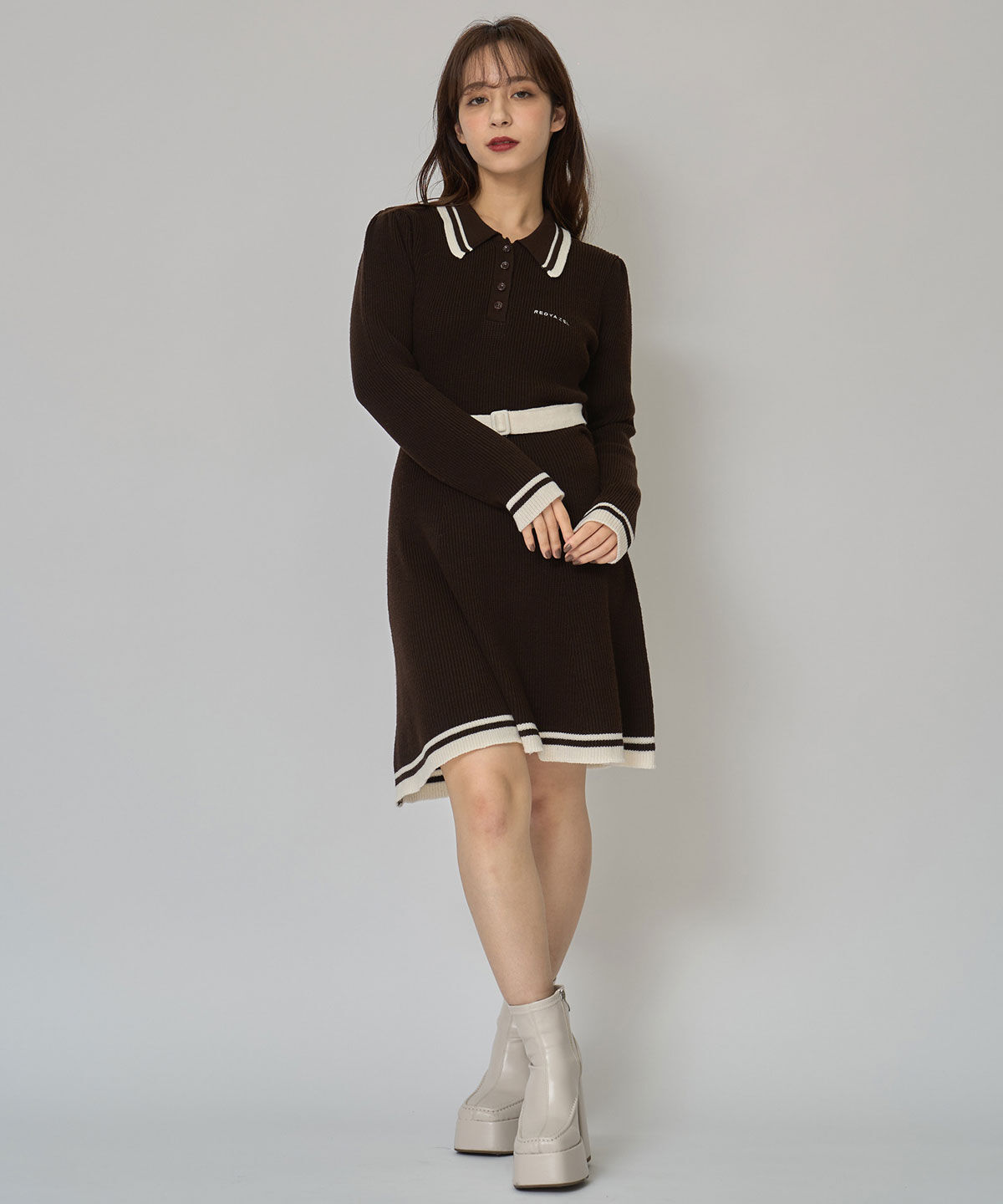 REDYAZEL「バイカラーポロニットロングスリーブミニワンピース」|ワンピース|