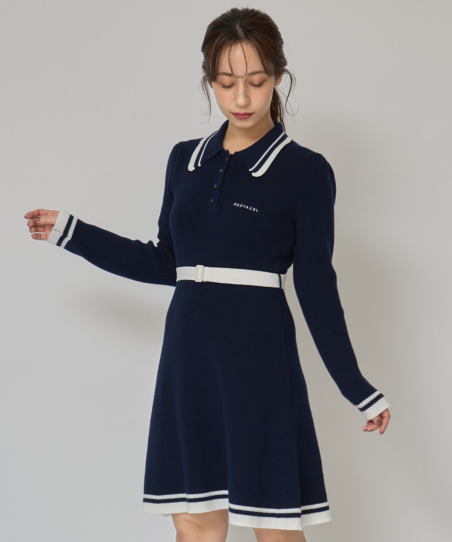 REDYAZEL「バイカラーポロニットロングスリーブミニワンピース」|ワンピース|ネイビー