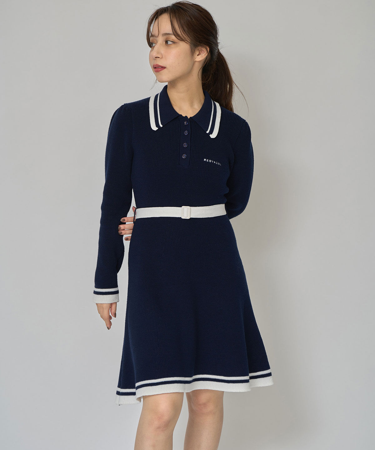REDYAZEL「バイカラーポロニットロングスリーブミニワンピース」|ワンピース|
