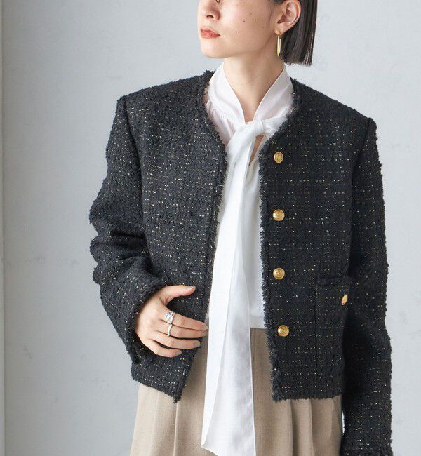 SHIPS for women「GIOLICA: ツイード ノーカラー ジャケット」|ノーカラージャケット|ブラック