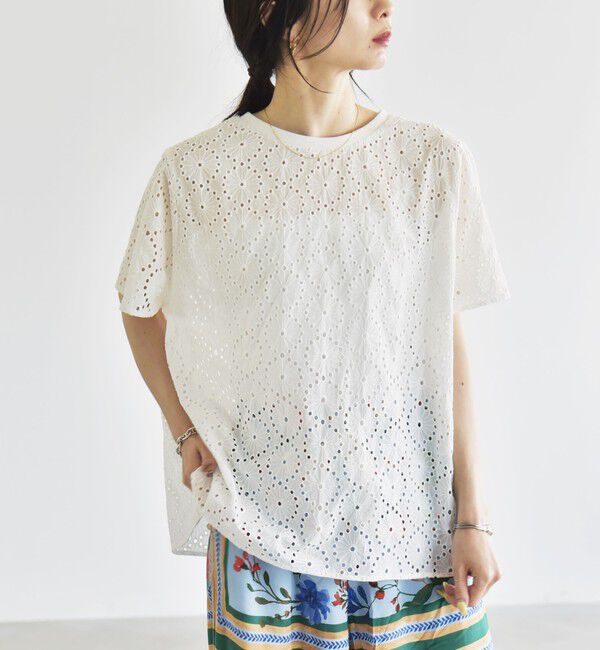 quaranciel「quaranciel:〈手洗い可能〉フラワー 刺繍 アイレット ハーフスリーブ プルオーバー」|シャツ・ブラウス|