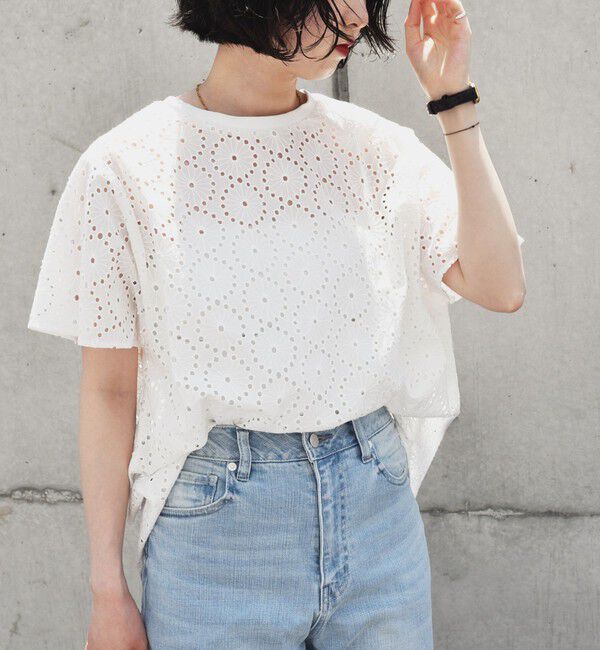 quaranciel「quaranciel:〈手洗い可能〉フラワー 刺繍 アイレット ハーフスリーブ プルオーバー」|シャツ・ブラウス|