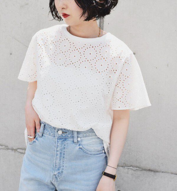 quaranciel「quaranciel:〈手洗い可能〉フラワー 刺繍 アイレット ハーフスリーブ プルオーバー」|シャツ・ブラウス|