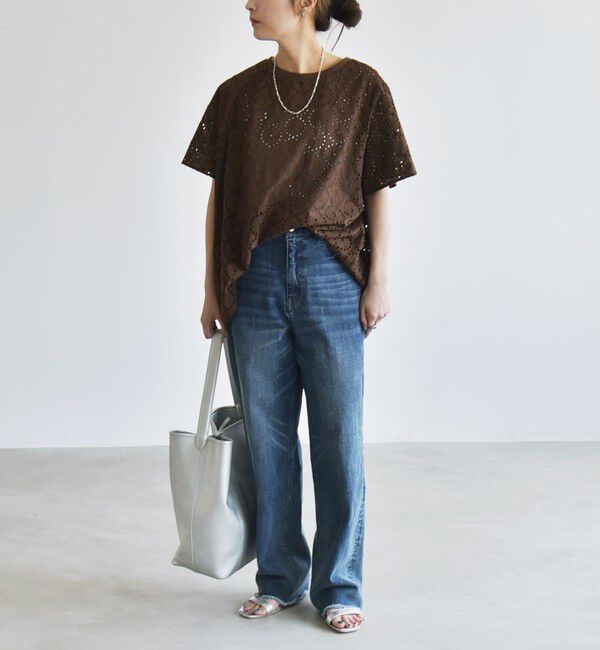 quaranciel「quaranciel:〈手洗い可能〉フラワー 刺繍 アイレット ハーフスリーブ プルオーバー」|シャツ・ブラウス|