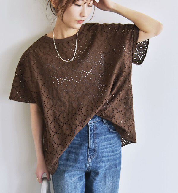 quaranciel「quaranciel:〈手洗い可能〉フラワー 刺繍 アイレット ハーフスリーブ プルオーバー」|シャツ・ブラウス|