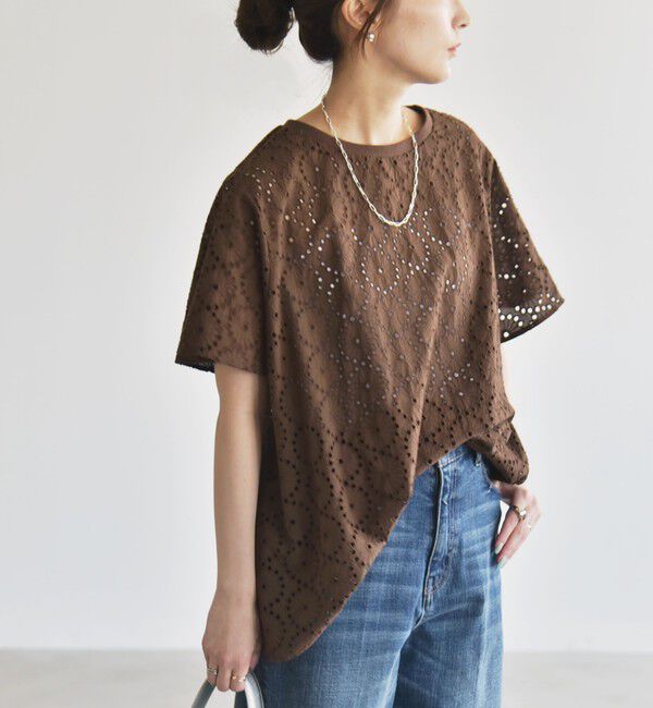 quaranciel「quaranciel:〈手洗い可能〉フラワー 刺繍 アイレット ハーフスリーブ プルオーバー」|シャツ・ブラウス|