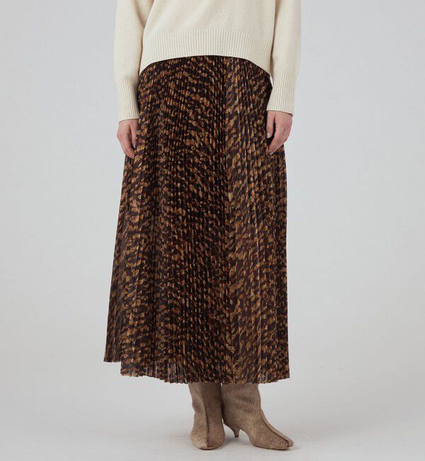 MACPHEE「サテンレオパードプリント プリーツスカート」|フレア|