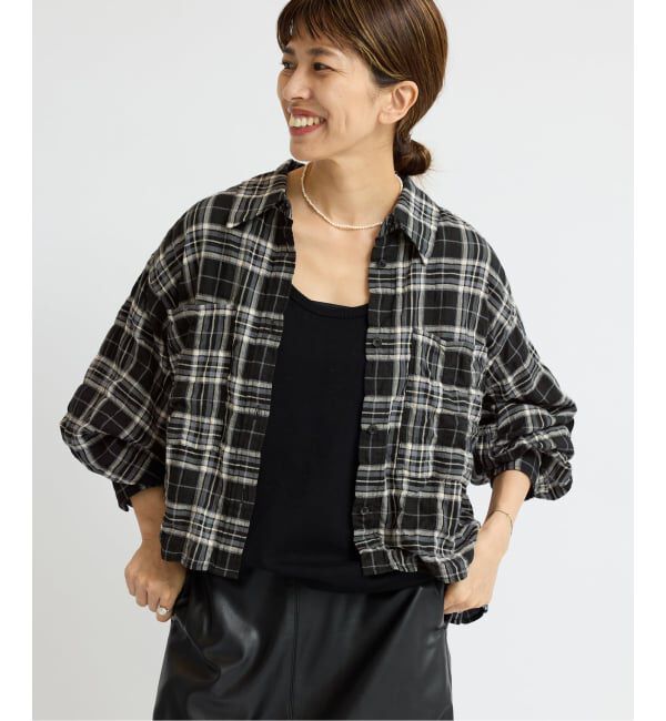 IENA「シャーリングチェックショートシャツ」|シャツ・ブラウス|ブラック