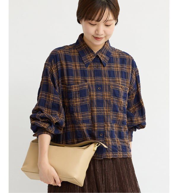 IENA「シャーリングチェックショートシャツ」|シャツ・ブラウス|ネイビー