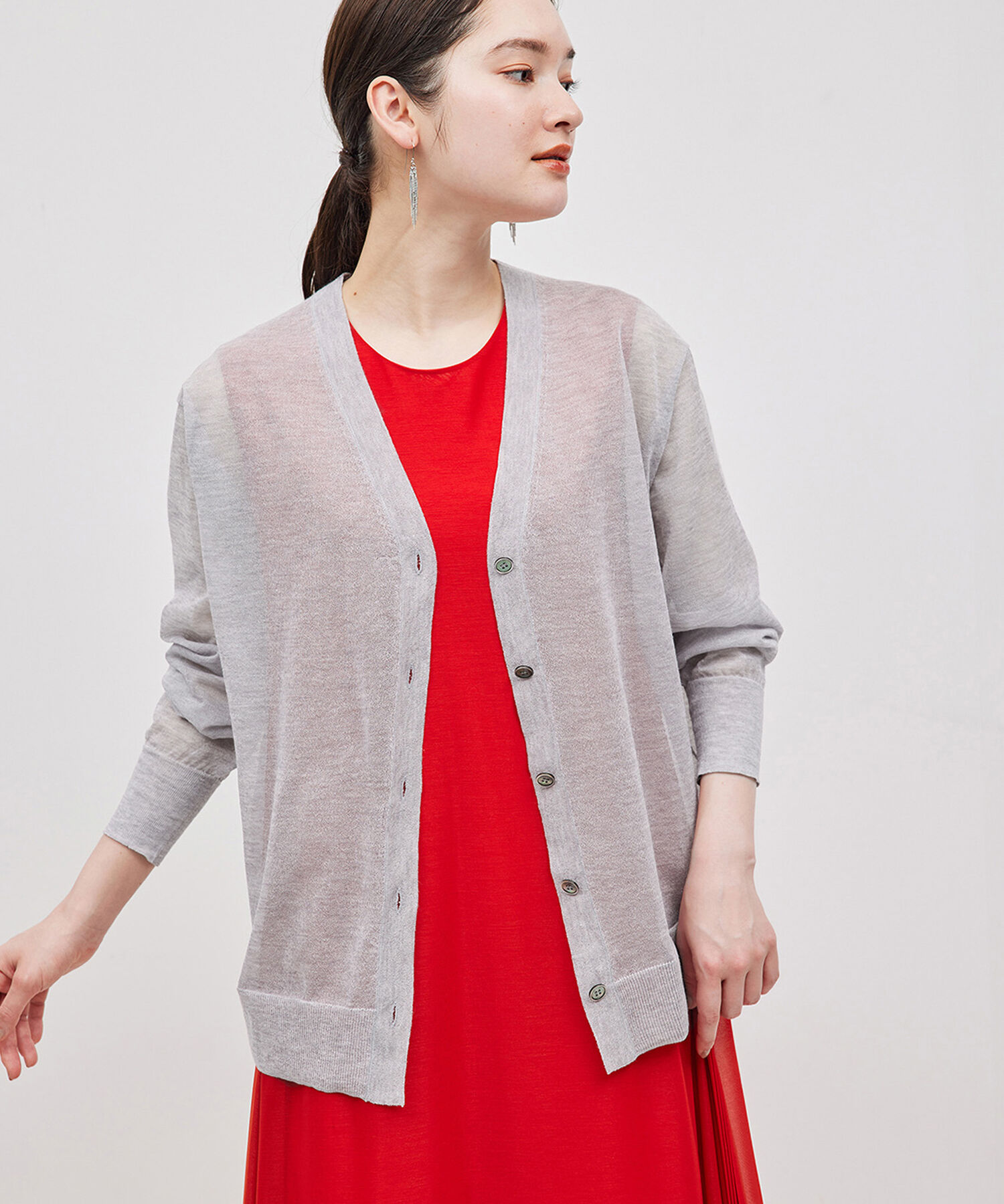 ROPE「【洗える】シアーVネックカーディガン」|カーディガン|グレー(07)