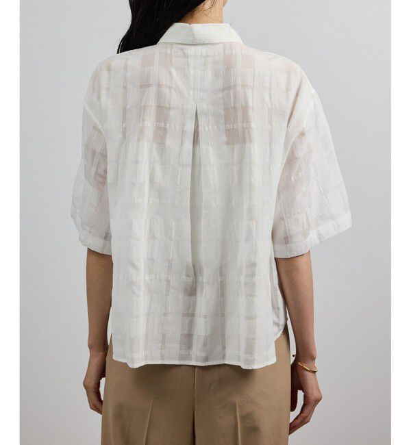 ROPE「【洗える】シアーチェッククロップド5分袖シャツ/セットアップ対応」|シャツ・ブラウス|