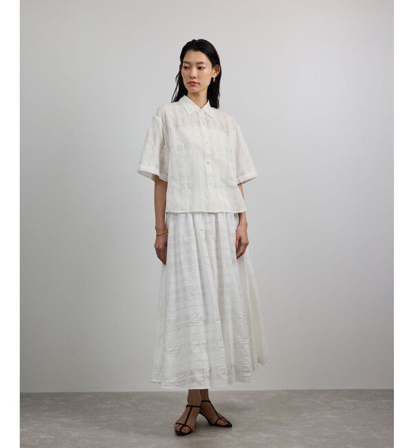 ROPE「【洗える】シアーチェッククロップド5分袖シャツ/セットアップ対応」|シャツ・ブラウス|