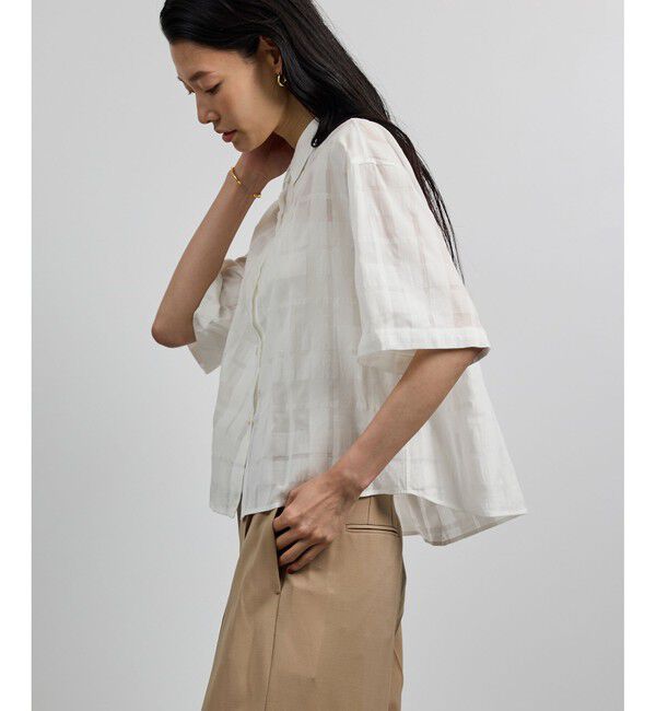 ROPE「【洗える】シアーチェッククロップド5分袖シャツ/セットアップ対応」|シャツ・ブラウス|