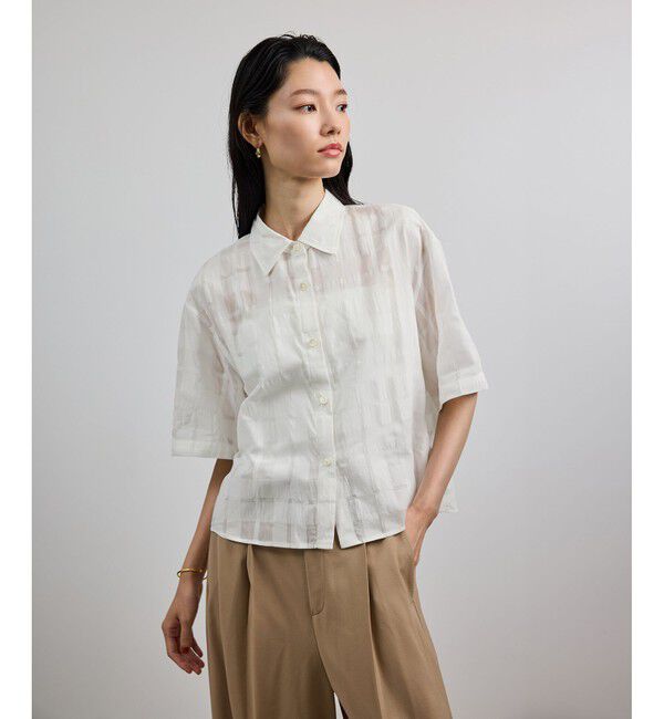 ROPE「【洗える】シアーチェッククロップド5分袖シャツ/セットアップ対応」|シャツ・ブラウス|