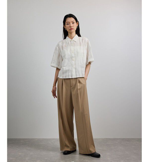 ROPE「【洗える】シアーチェッククロップド5分袖シャツ/セットアップ対応」|シャツ・ブラウス|