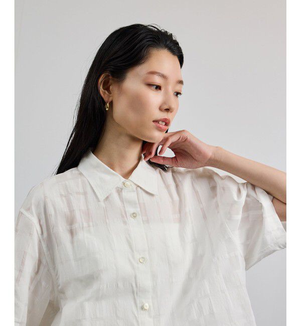 ROPE「【洗える】シアーチェッククロップド5分袖シャツ/セットアップ対応」|シャツ・ブラウス|